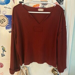 COPY - Altard state waffle knit notch neck red long sleeve top